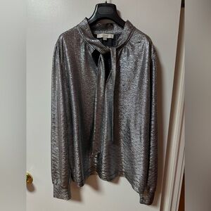 LOFT Metallic Silver Tie-Neck Blouse